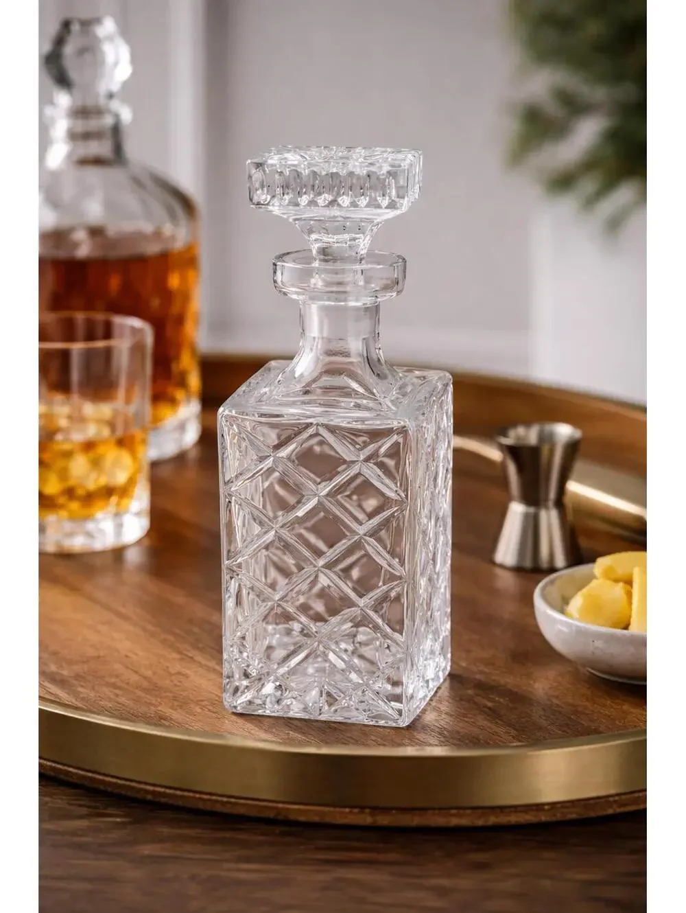 Vintage MCM Cut Crystal Square Decanter w/Stopper Diamond Pattern 9